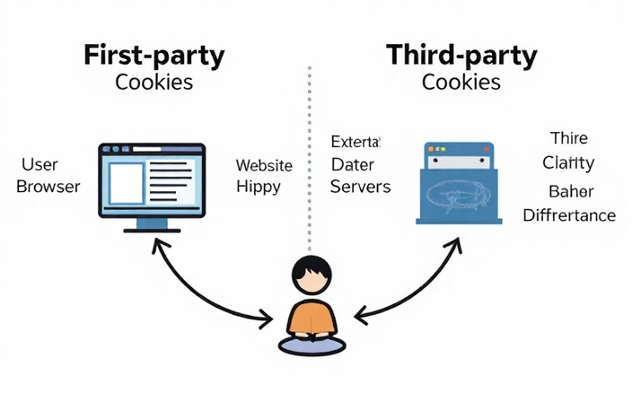 Diagram showing first-party and third-party cookies interacting with a website