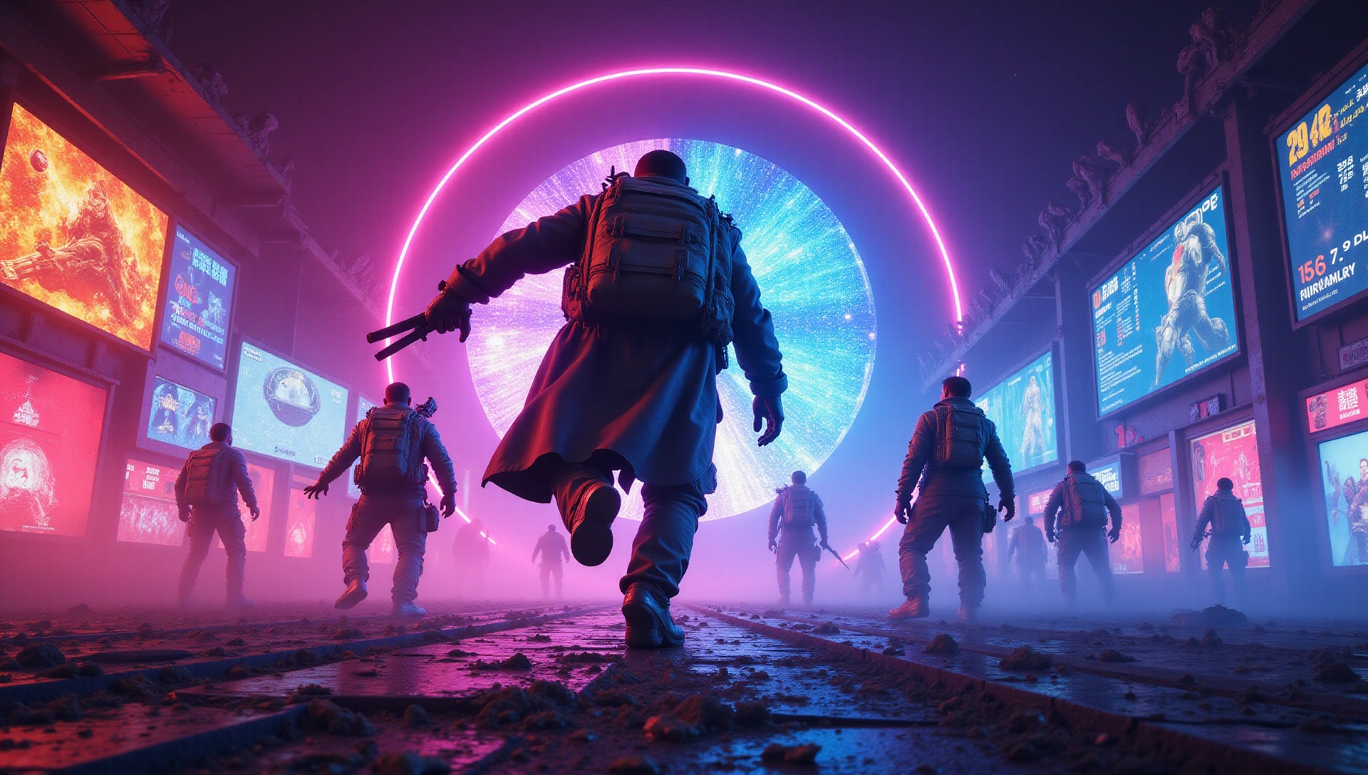 Dynamic gaming banner, futuristic, no text, vibrant colors, action scene.