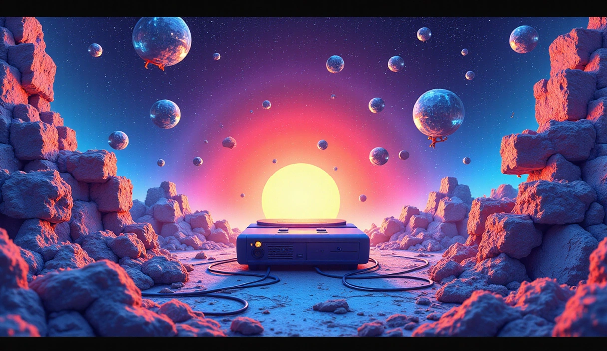 A vibrant, abstract illustration representing the evolution of gaming, showing retro pixel art transitioning into futuristic virtual reality headsets and complex 3D environments, with a subtle glow emanating from a central gaming console.