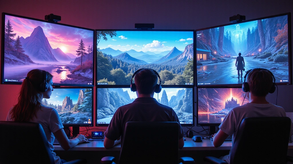 A diverse group of gamers collaborating in an online multiplayer game, each with their own setup, connected virtually with glowing interfaces and vibrant in-game scenes overlaid.