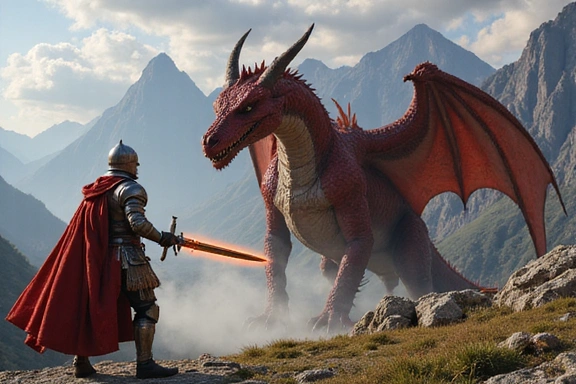 A heroic knight standing before a majestic dragon, ready for battle in a fantasy world.