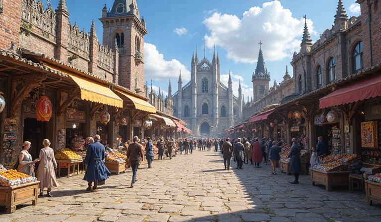 In-game screenshot of a bustling fantasy city marketplace with diverse characters and detailed architecture.