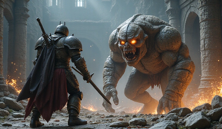 In-game screenshot of a fierce battle between a warrior and a monstrous beast in a ruined castle.