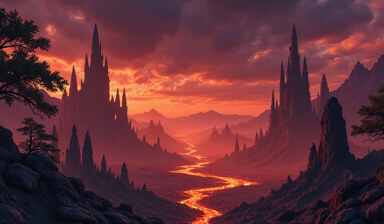 In-game screenshot of a dark, volcanic wasteland with glowing lava and menacing structures.