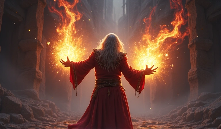 In-game screenshot of a wizard casting a powerful spell, surrounded by magical effects.