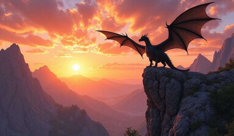 In-game screenshot of a majestic dragon flying over a mountain range at sunset.