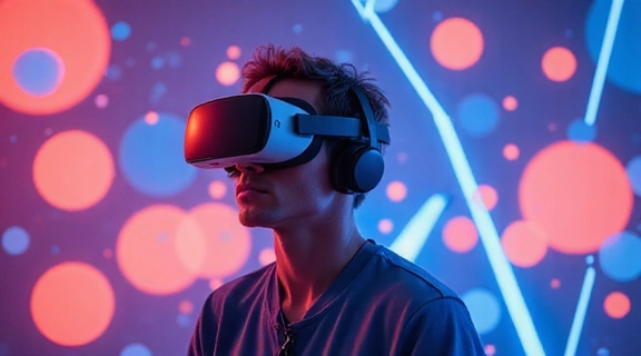 A person immersed in a VR headset, surrounded by geometric shapes, representing virtual reality gaming trends.