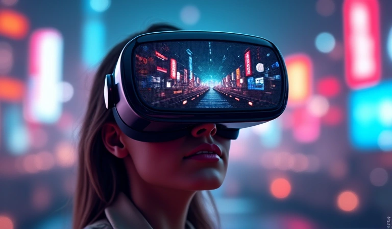 A hand holding a VR headset, with a futuristic game world reflected in the lenses.