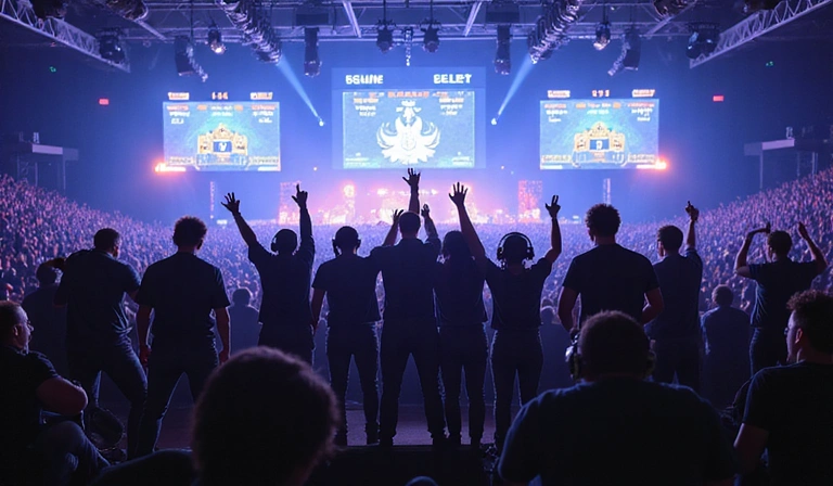 A professional esports team celebrating on stage, with bright lights and a large screen displaying game statistics.