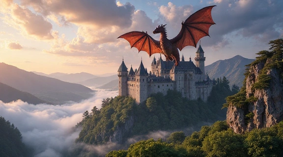 A majestic fantasy landscape with a dragon flying over a castle, representing an epic game review.