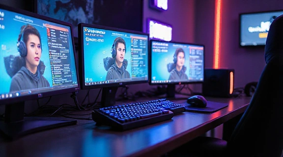 A close-up of a competitive gaming setup with multiple monitors and glowing peripherals, representing esports strategy.
