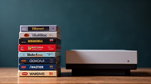 A stack of classic video game cartridges next to a modern gaming console, representing the evolution of gaming.