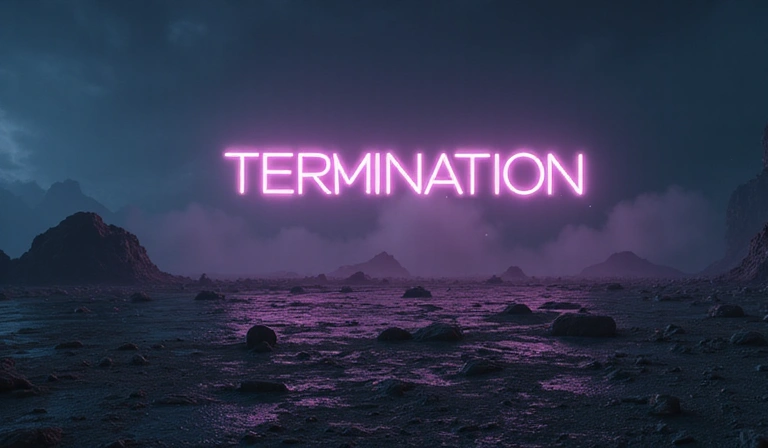 A 'Termination' sign in a desolate, digital landscape, symbolizing the end of service.