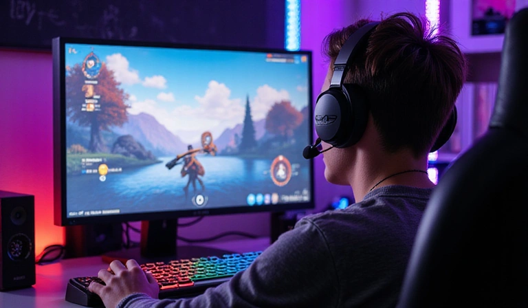 Person playing a video game on a computer, showing an intense and focused expression.