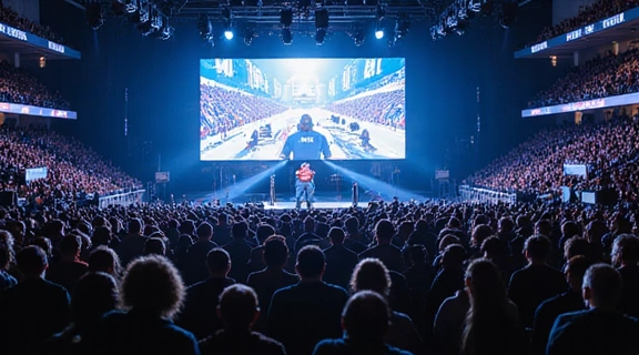 Crowd watching a large screen at an esports event