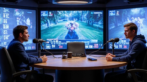 Esports commentator desk with microphones and screens