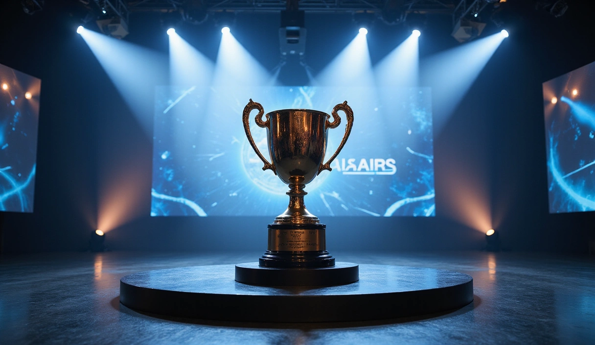 Esports awards ceremony with a large trophy